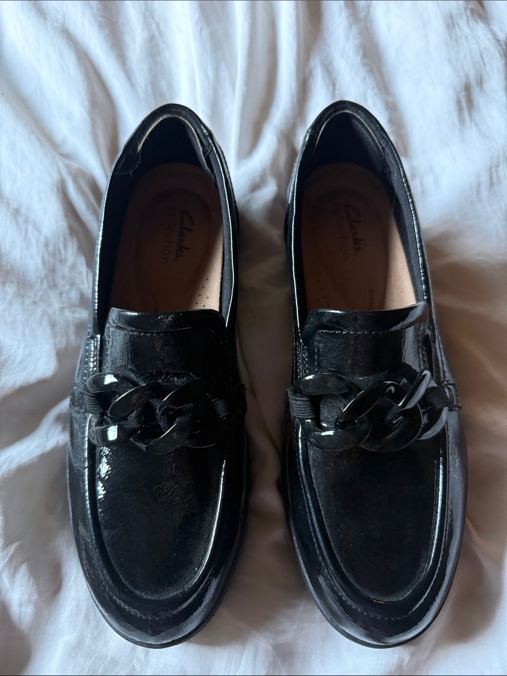 Clarks Black Patent Leather Chain Slip-On Loafers